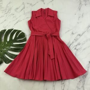 Womens Vintage 70s Pleated Dress Size L Bright Pink Fit Flare Wrap Wide Collar